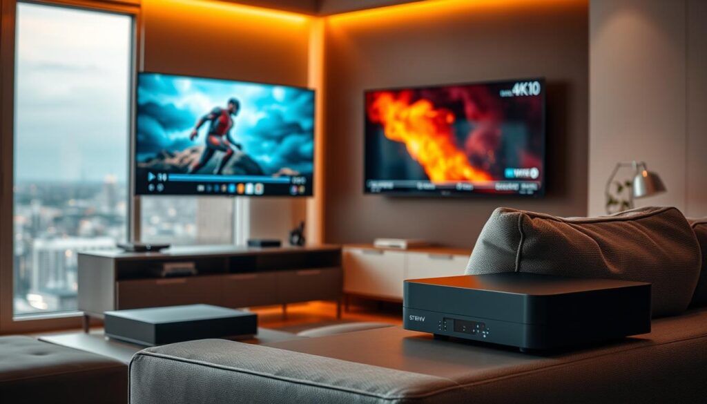 A cozy living room setting with a modern 4K IPTV setup. In the foreground, a sleek, wall-mounted television displays a vibrant, on-demand movie. Beside it, a state-of-the-art streaming box rests on a minimalist entertainment console, its LED indicators pulsing softly. In the middle ground, a comfortable sofa faces the screen, inviting the viewer to settle in and enjoy the entertainment. The room is bathed in warm, ambient lighting, creating a welcoming and relaxing atmosphere. The background features a large window overlooking a picturesque cityscape, hinting at the boundless content and viewing possibilities offered by the IPTV system. The overall scene conveys the convenience, flexibility, and immersive entertainment experience of IPTV in a modern, high-quality home setting.