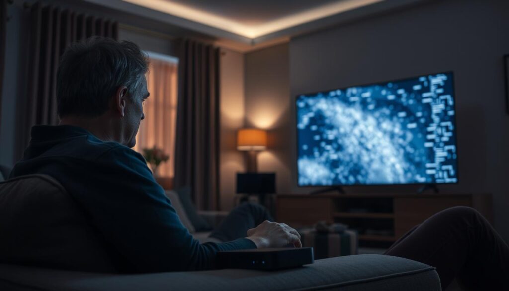 A dimly lit living room with a person sitting on a couch, intently gazing at a 4K IPTV set-top box. The room is characterized by a warm, cozy atmosphere, with soft lighting and muted colors. The person's expression conveys a sense of frustration, hinting at the technical difficulties they are experiencing with the 4K IPTV service. In the background, a large television screen displays a frozen or glitchy image, highlighting the connection issues. The overall scene suggests the common problems users face when trying to enjoy high-quality 4K IPTV in the comfort of their homes.