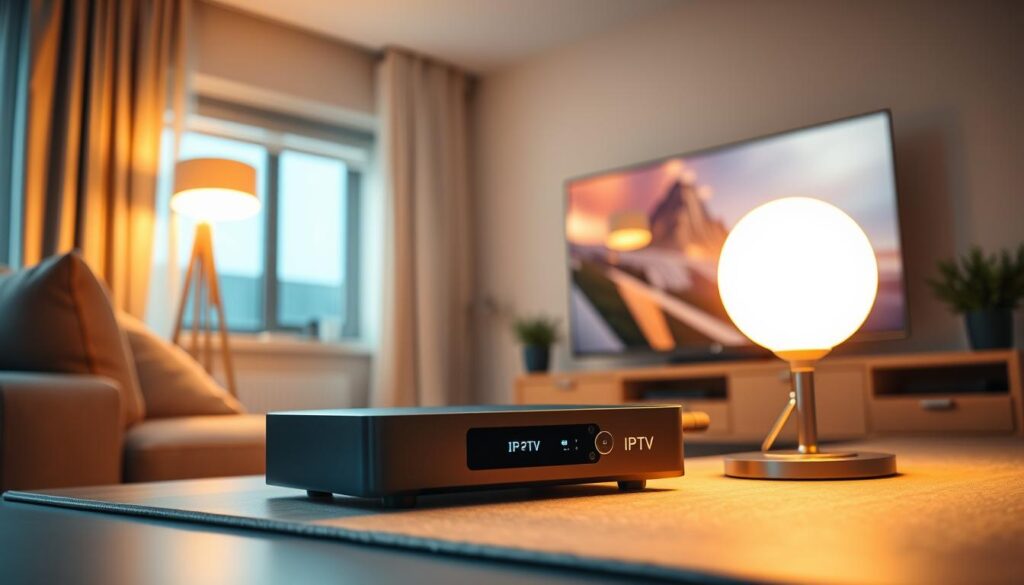A modern home entertainment setup with a sleek IPTV box prominently displayed, surrounded by a cozy living room environment. The box is rendered in crisp detail, showcasing its clean lines and premium design. Warm lighting from a floor lamp bathes the scene in a soft, inviting glow, creating an atmosphere of comfort and relaxation. In the background, a large flatscreen TV is visible, hinting at the superior viewing experience enabled by the IPTV technology. The overall composition conveys the convenience, quality, and enjoyment associated with an IPTV subscription. A modern home entertainment setup with a sleek IPTV box prominently displayed, surrounded by a cozy living room environment. The box is rendered in crisp detail, showcasing its clean lines and premium design. Warm lighting from a floor lamp bathes the scene in a soft, inviting glow, creating an atmosphere of comfort and relaxation. In the background, a large flatscreen TV is visible, hinting at the superior viewing experience enabled by the IPTV technology. The overall composition conveys the convenience, quality, and enjoyment associated with an IPTV subscription.