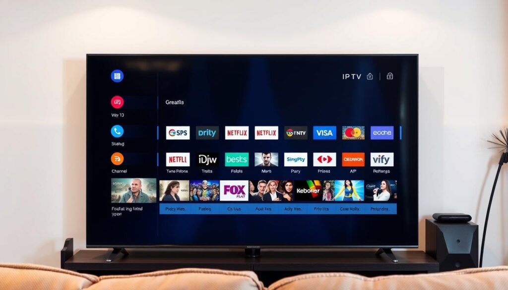 A sleek and modern IPTV streaming interface displayed on a large, high-definition television screen. The screen shows a clean, minimalist design with a grid of colorful channel logos and thumbnails. The interface features intuitive controls and a simple, user-friendly navigation menu. The lighting is soft and indirect, creating a warm and inviting atmosphere. The television is situated in a well-appointed living room, with a cozy, neutral-toned sofa and some modern, geometric decor elements in the background, suggesting a contemporary and stylish setting. The overall mood is one of relaxation and entertainment, perfectly suited for the "Wat is IPTV en hoe werkt het?" section of the article. A sleek and modern IPTV streaming interface displayed on a large, high-definition television screen. The screen shows a clean, minimalist design with a grid of colorful channel logos and thumbnails. The interface features intuitive controls and a simple, user-friendly navigation menu. The lighting is soft and indirect, creating a warm and inviting atmosphere. The television is situated in a well-appointed living room, with a cozy, neutral-toned sofa and some modern, geometric decor elements in the background, suggesting a contemporary and stylish setting. The overall mood is one of relaxation and entertainment, perfectly suited for the "Wat is IPTV en hoe werkt het?" section of the article.