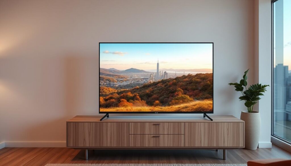 A sleek, modern 4K television set dominates the foreground, its screen displaying a vibrant, high-definition landscape. The television stands atop a minimalist, wood-paneled entertainment unit, complementing the minimalist, Scandinavian-inspired decor of the room. Soft, warm lighting illuminates the scene, creating a cozy and inviting atmosphere. In the background, a large window offers a panoramic view of a city skyline, hinting at the advanced, future-ready technology of the IPTV system. The overall composition conveys the benefits of IPTV 4K technology - high-quality visuals, modern design, and a seamless integration into the home environment.
